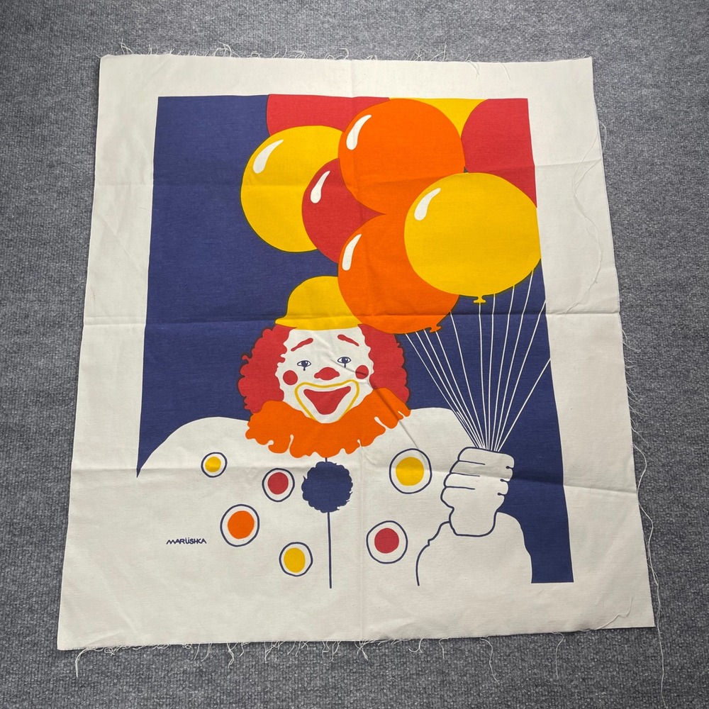 Vintage Marushka Hand Screened Fabric Art Panel Clown Balloons 30x25 MCM